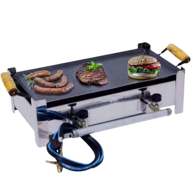 FOGAO FOGAREIRO INOX COM CHAPA PICANHEIRA 2 BOCAS A GAS ALTA PRESSAO CAMPING CAMINHONEIRO