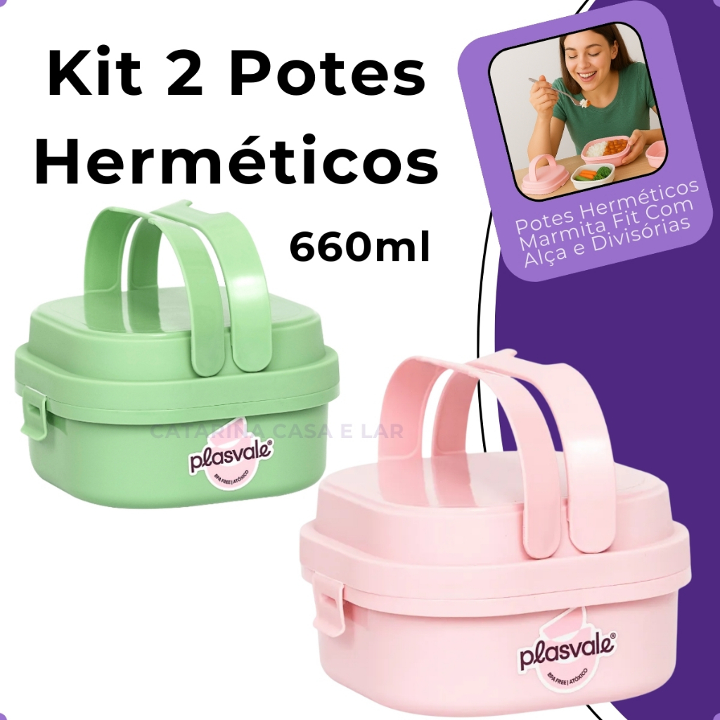 Kit 2 Potes Hermético Marmita Fit Com Alça e Divisórias Prática Plasvale Adulto e Infantil