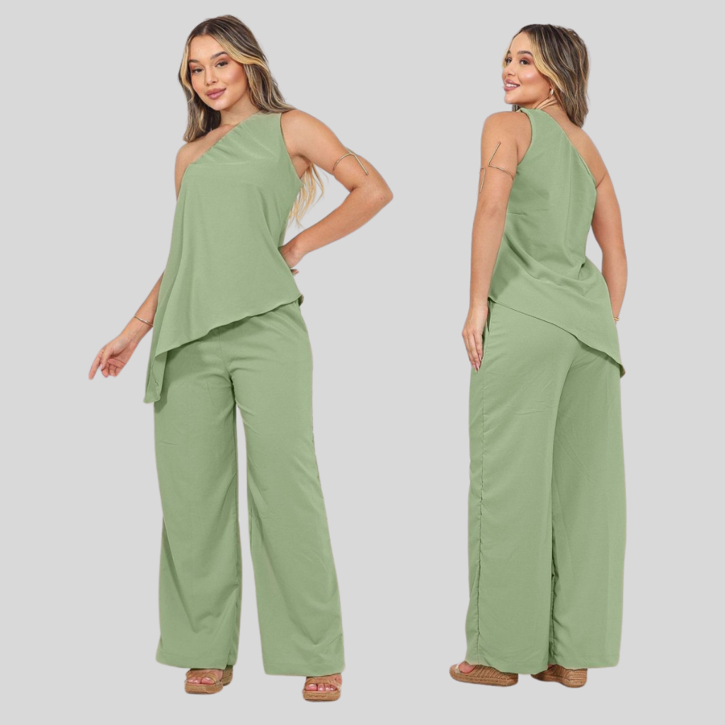 Conjunto Nula Manga Caimento Assimétrico Crepe Pantalona Ombro Só