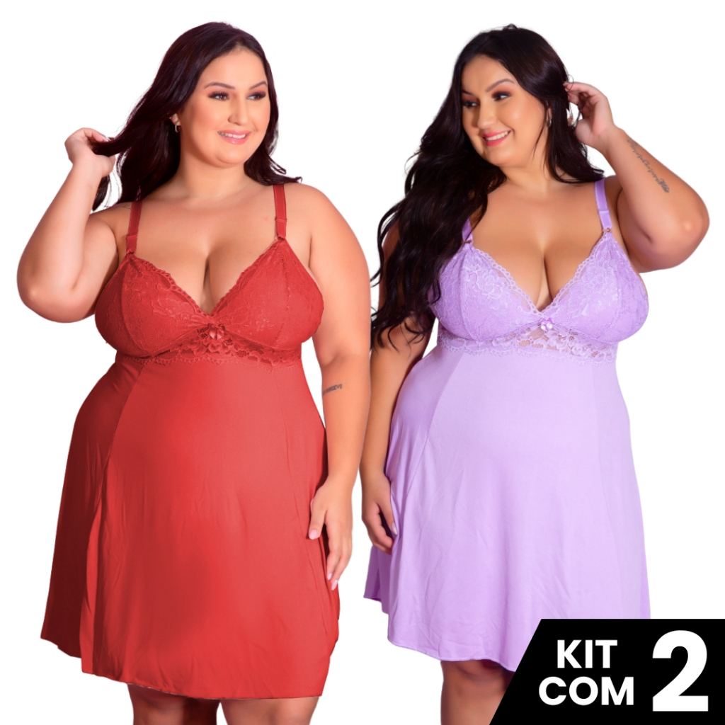 Kit 2 Camisolas Plus Size Romantic Sexy Tamanho Grande Confortável Charmosa Roupa de Dormi...