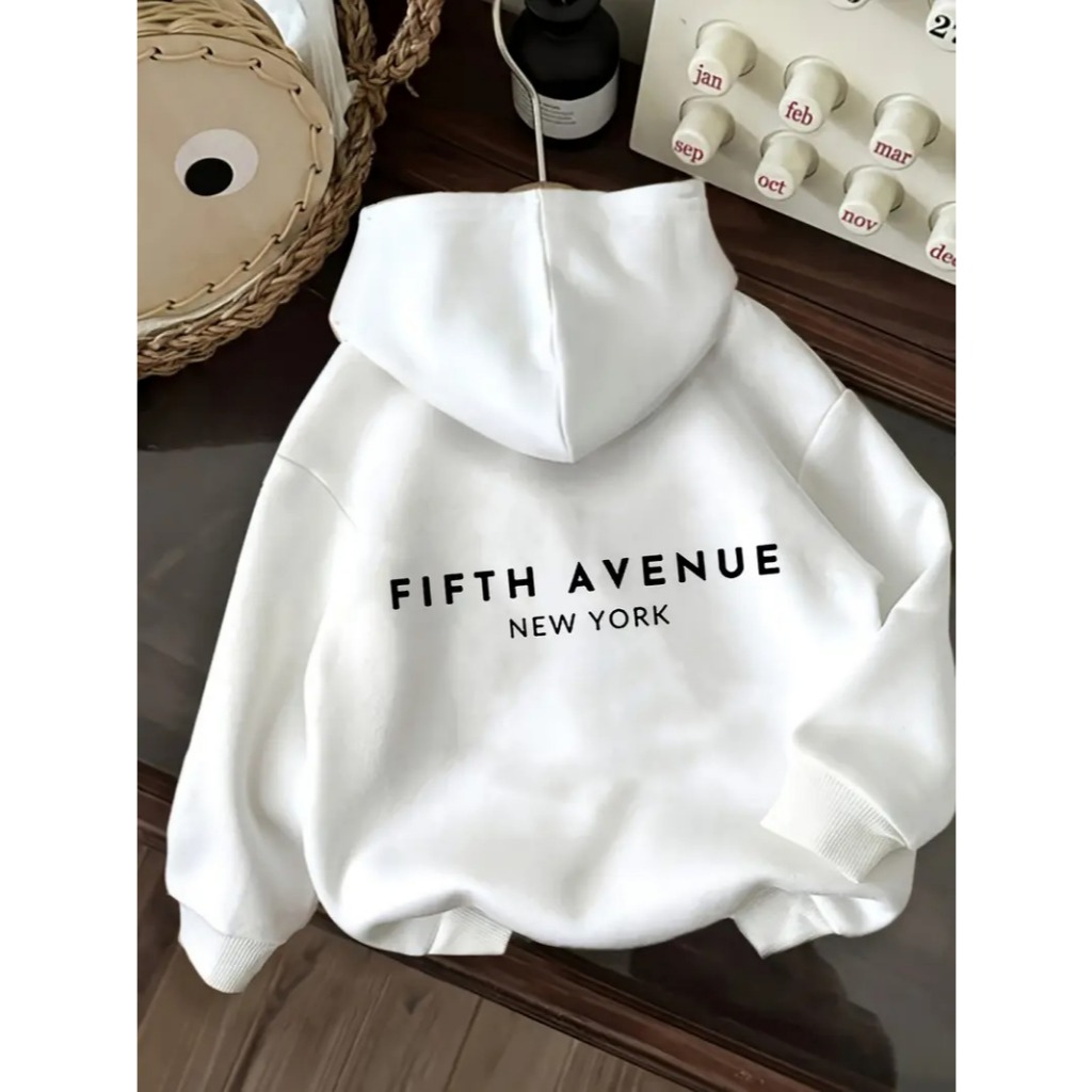 Moletom com Capuz Unisex Casual ``Fifth Avenue´´ com Estampa de Letras - Suéter Aconchegante com Cordão e Bolso Frontal,