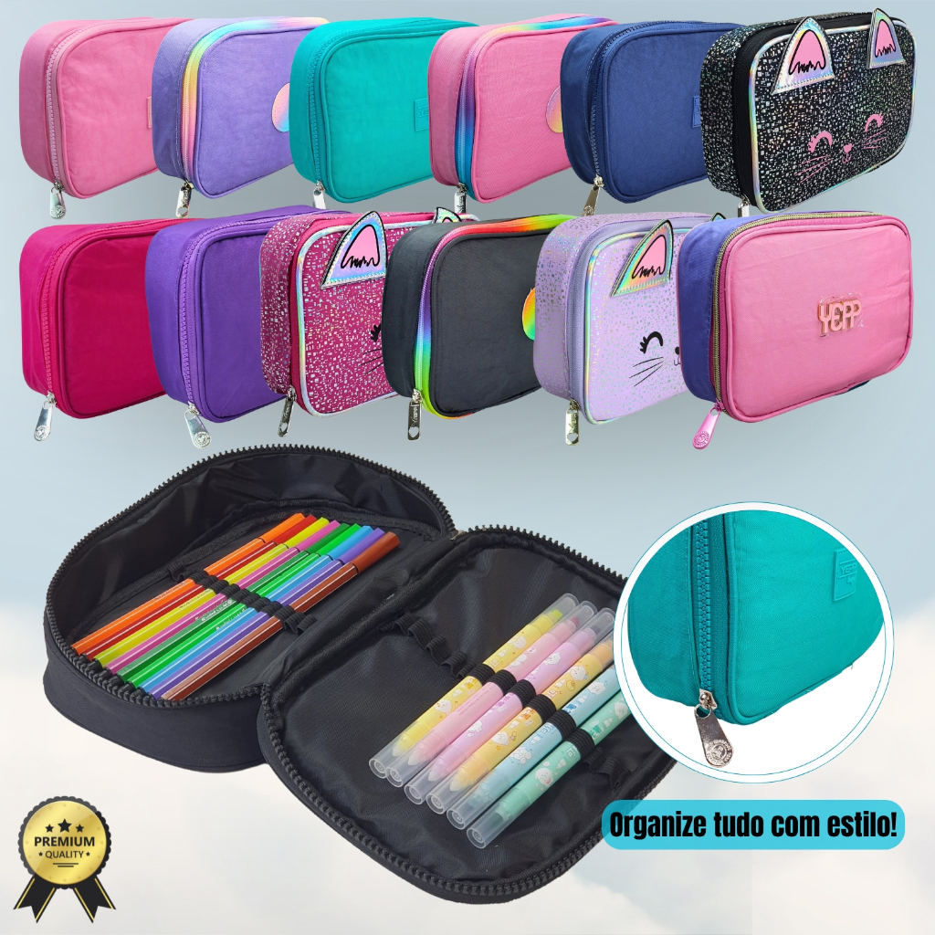 Estojo Escolar Grande Box Organizador Porta Lápis Canetas E Zíper Degrade