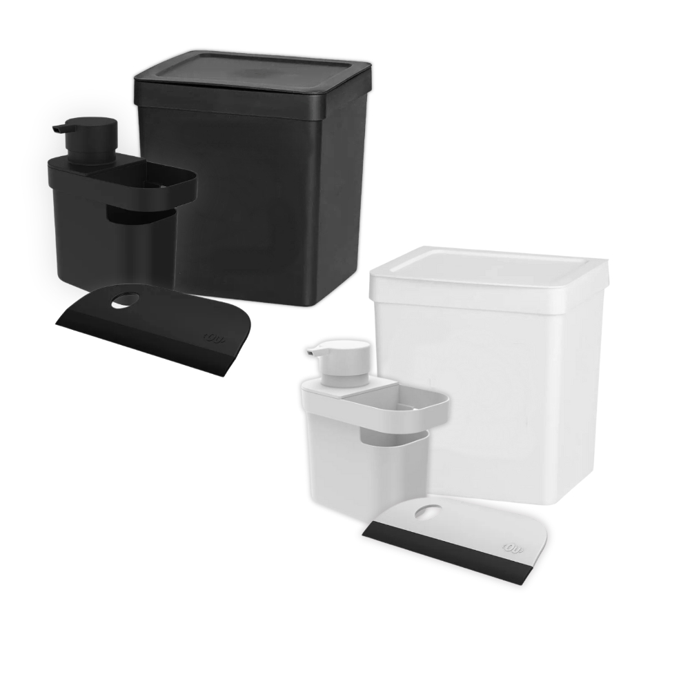 Kit Conjunto de Cozinha 3 Peças Lixeira 2,5 Litros + Porta Detergente 650ml + Rodo Rodinho de Pia - Home & Living