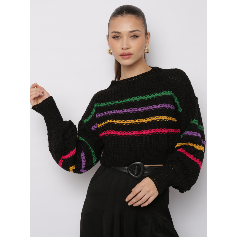 Blusa Cropped Curta Manga Bufante Listrada Tricô Ampla Gola Careca Fang Ombro Deslocado