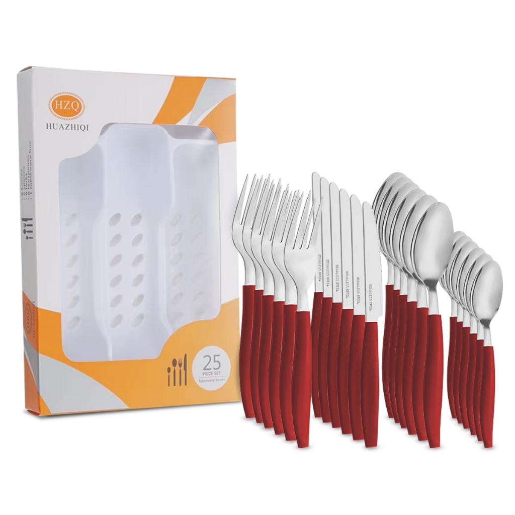 Faqueiro Jogo De Talheres Vermelho Inox Garfo Faca Colher Mesa Cozinha Jantar 25 Peças Presente