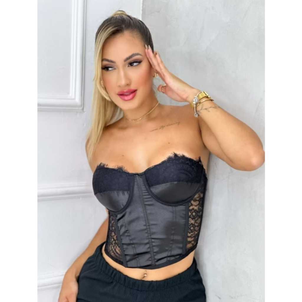 Cropped Cetim Renda Feminino Corselet Tule tomara que caia com amarração atrás sensual festas estilosa tendencia Verão