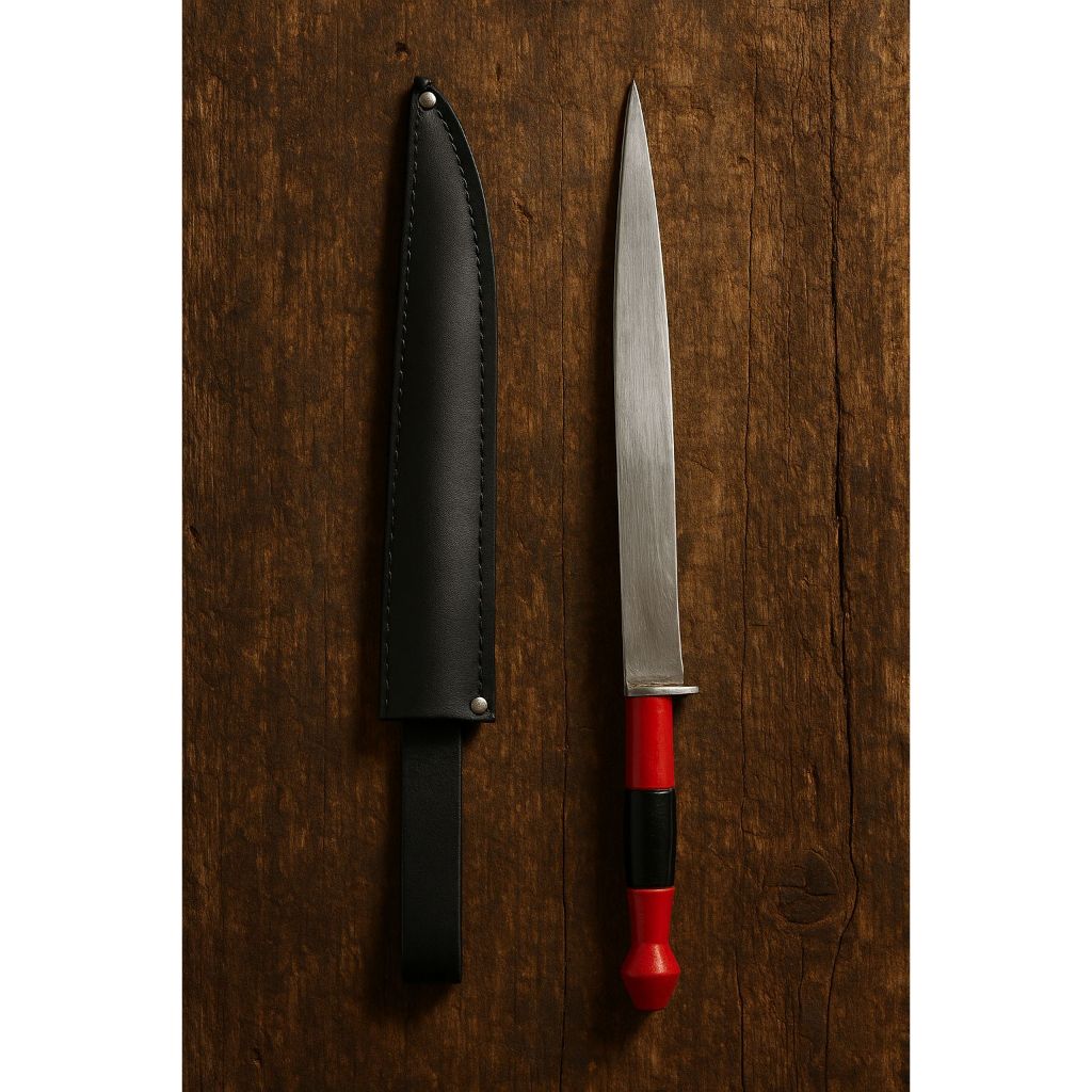 Faca Artesanal Aço Carbono 23cm – Com Bainha | Cabo Coral Preto/Vermelho | Prock Campanha