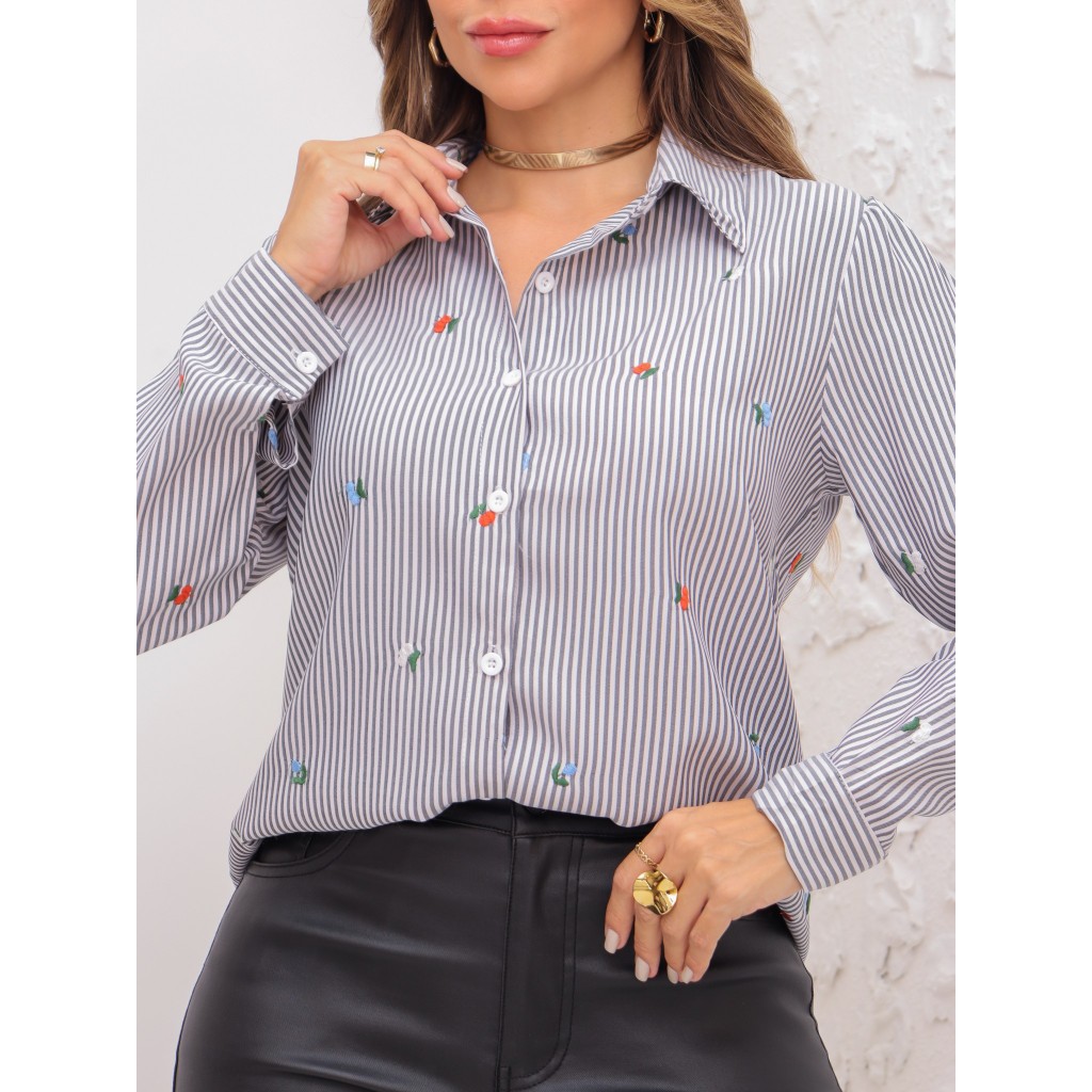 Camisa listrada floral bordada feminina, Impoetado/E073 em Oferta na Shopee
