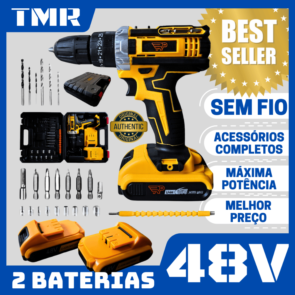 Furadeira Parafusadeira Elétrica 2 Baterias 10mm Sem Fio Portátil Compacto Impacto 48V 36V 26V 21V em Oferta na Shopee