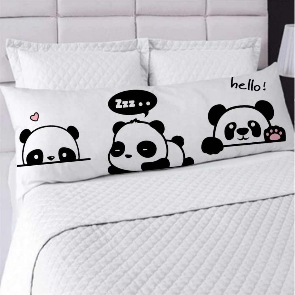 Travesseiro de Corpo + Fronha 125cm x 045cm Cheio Refil Fibra de Silicone Desenho Panda em Oferta na Shopee