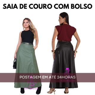Saia Longa Feminina em Couro Sintético com Bolso | Elegante, Moderna e Estilosa em Oferta na Shopee