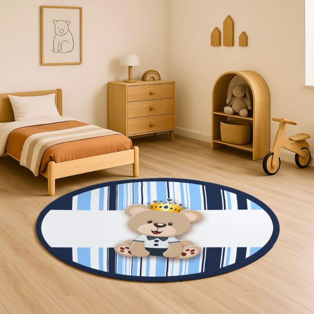 Tapete Quarto Infantil Criança Bebe Menino Berço Americano Antiderrapante Urso Principe Marinho Luxo