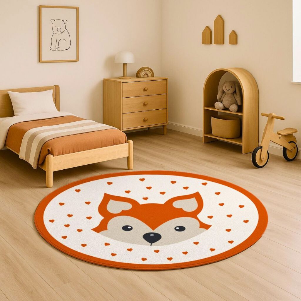 Tapete Sala Quarto Infantil Criança Bebe Menino Menina Antiderrapante Capacho Redondo Raposa Laranja