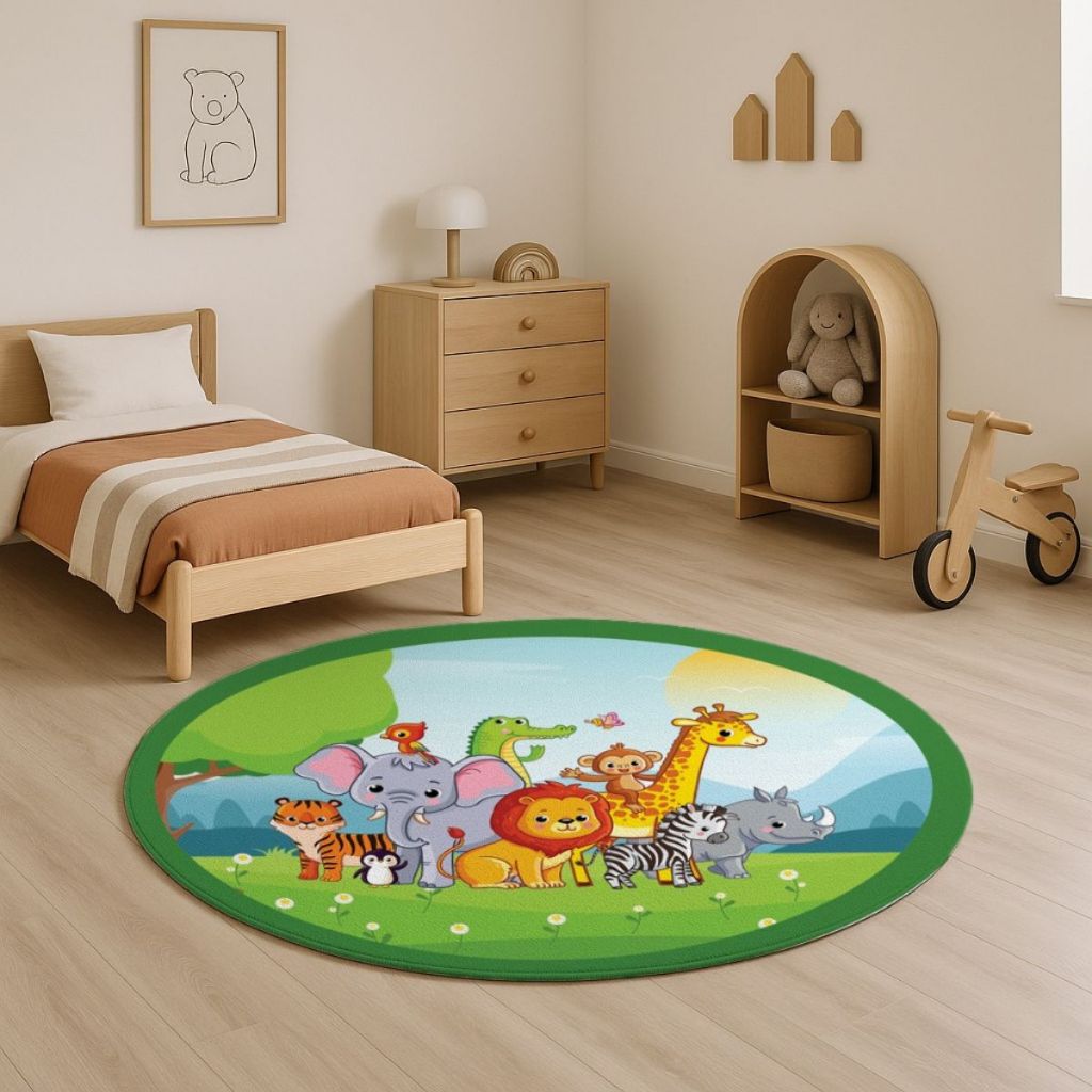 Tapete Quarto Infantil Criança Bebe Berço Capacho Oval Menino Menina Antiderrapante Savana Verde