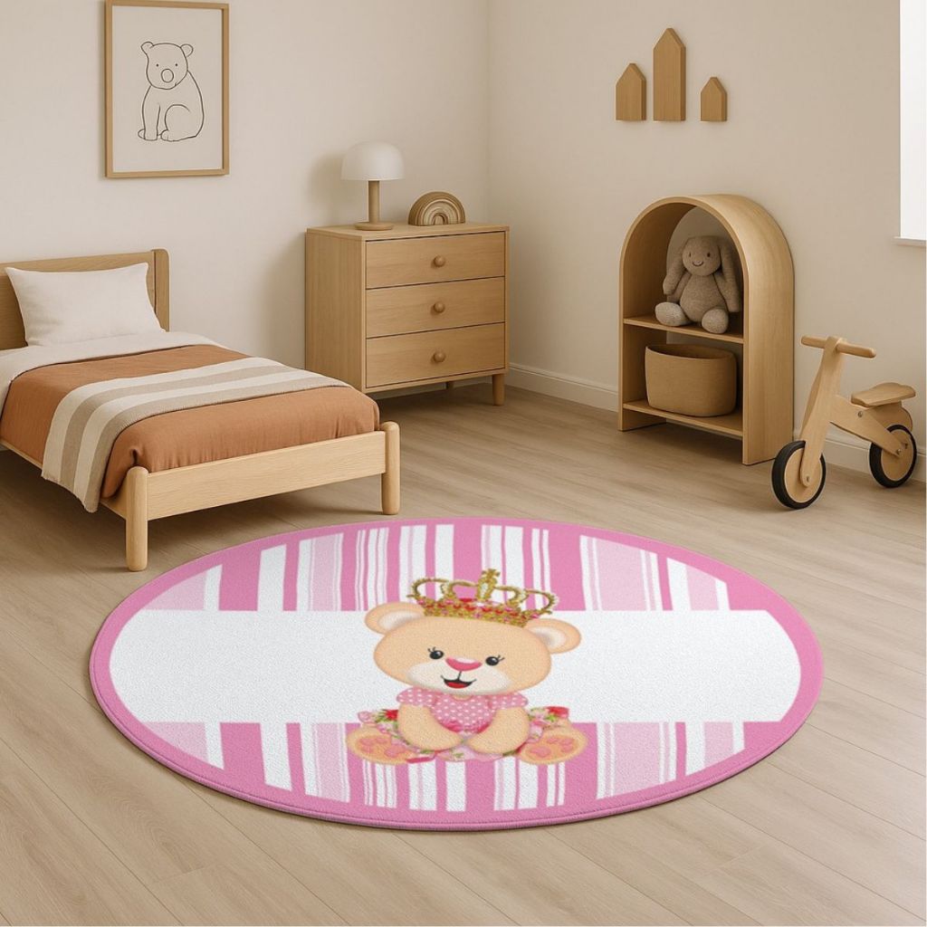 Tapete Sala Quarto Infantil Criança Bebe Berço Capacho Menina Ursa Princesa Rosa Antiderrapante Luxo