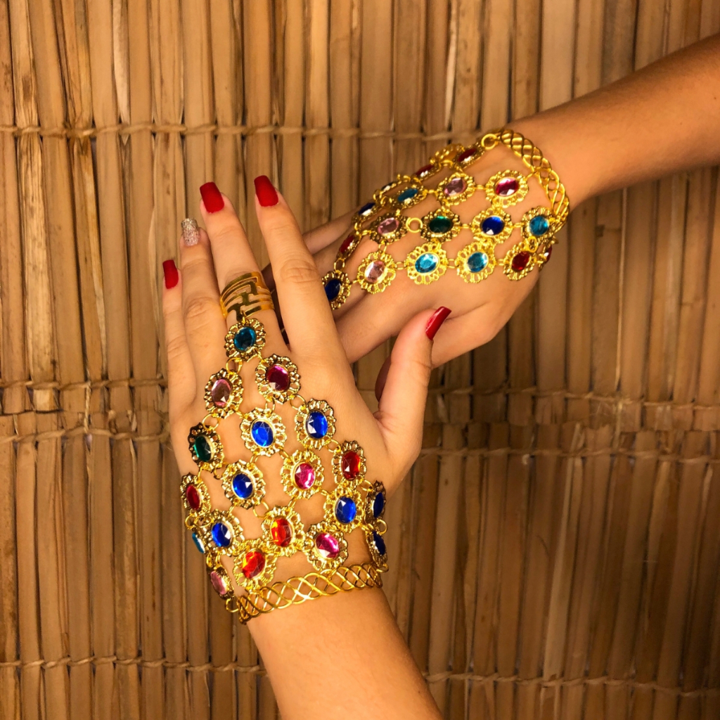 Par De Pulseiras Dourada Com Pedras Coloridas Dança Do Ventre/cigana/indiana em Oferta na Shopee