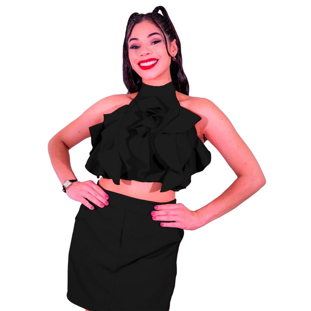 Conjunto Feminino Social Babado Cropped Shorts Alfaiataria
