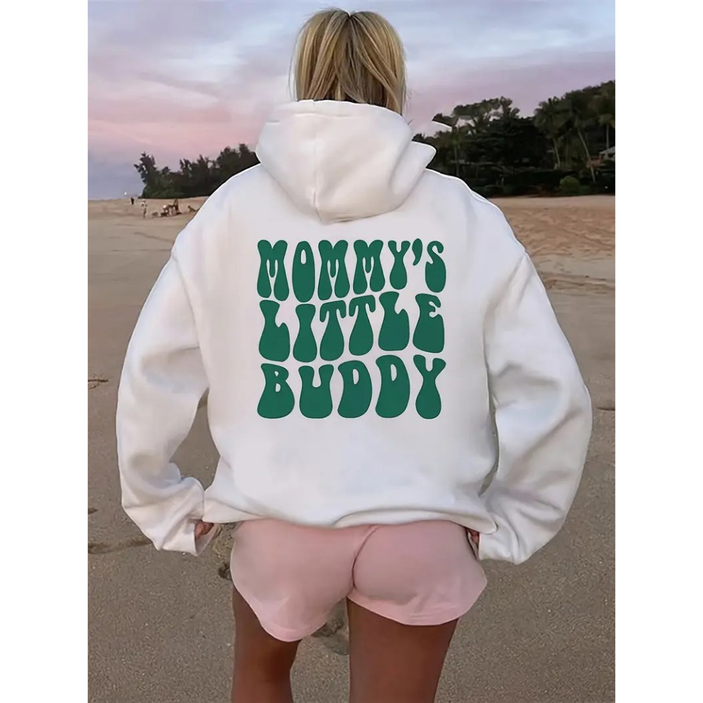 Moletom Unisex "Mommy'S Little Buddy" - Casual com estampa de letras, ajuste solto, com bolsos, poliéster, primavera/ver