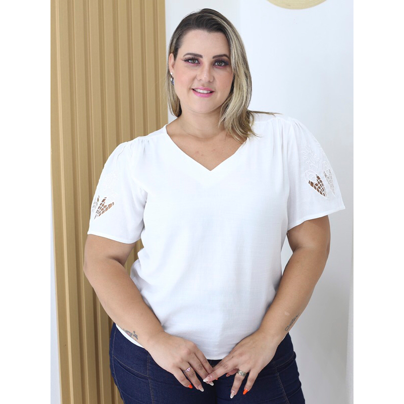 KC942107 BLUSA FEMININA LISA PLUS SIZE COM MANGA BORDADA em Oferta na Shopee