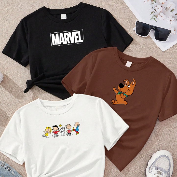 kit3 Camisetas feminina de algodão Marvel Scooby snoopy off white malha premium T-Shirt