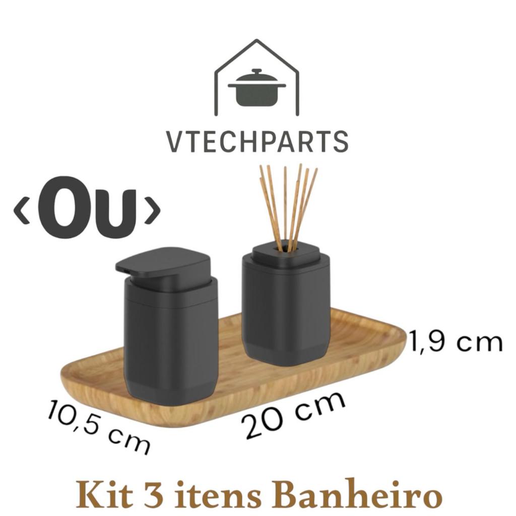 Kit Banheiro 3 Peças  Porta Sabonete Liquido+ Difusor+ Bandeja de Bambu Linha Aura OU - Home & Living