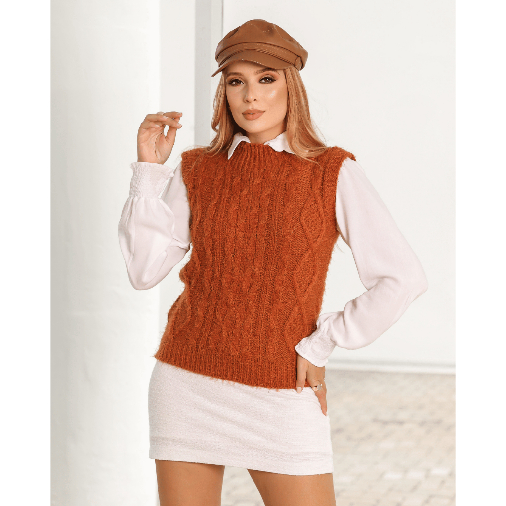 Colete Feminino Tricot Tramas com Pelinho angorá