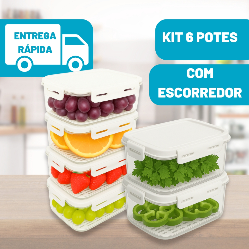 Kit 6 Potes com Escorredor Organizador Geladeira Empilhável Para Frutas Frios e Alimentos ...