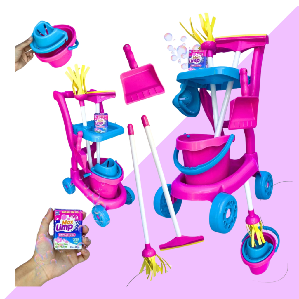 Carrinho de Limpeza Infantil com Acessórios Brinquedo Menina