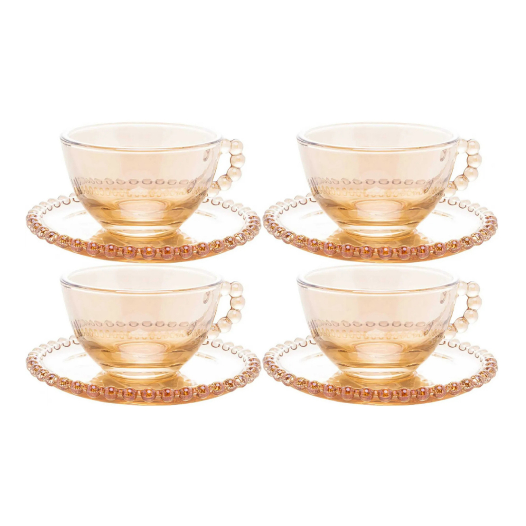 Conjunto de Xícara para Chá Cristal Pearl com Pires Wolff 4 peças Âmbar