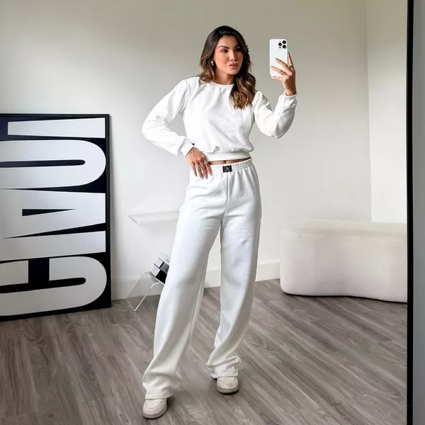 Conjunto Moletom Feminino Blusa manga longa Flanelado liso cropped+ calça pantalona conjunto feminino de frio