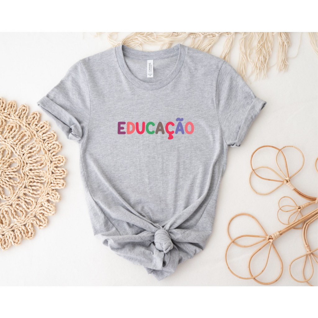 Blusa T-shirt Feminina Educação Cinza Mescla em Oferta na Shopee
