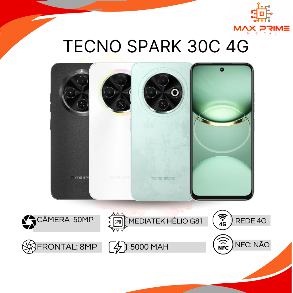 Tecno Spark 30C 4G 256GB e 8GB RAM, CÂmera 50MP, Processador Mediatek Hélio G81,, Bateria 5000mAh, Versão Global em Oferta na Shopee