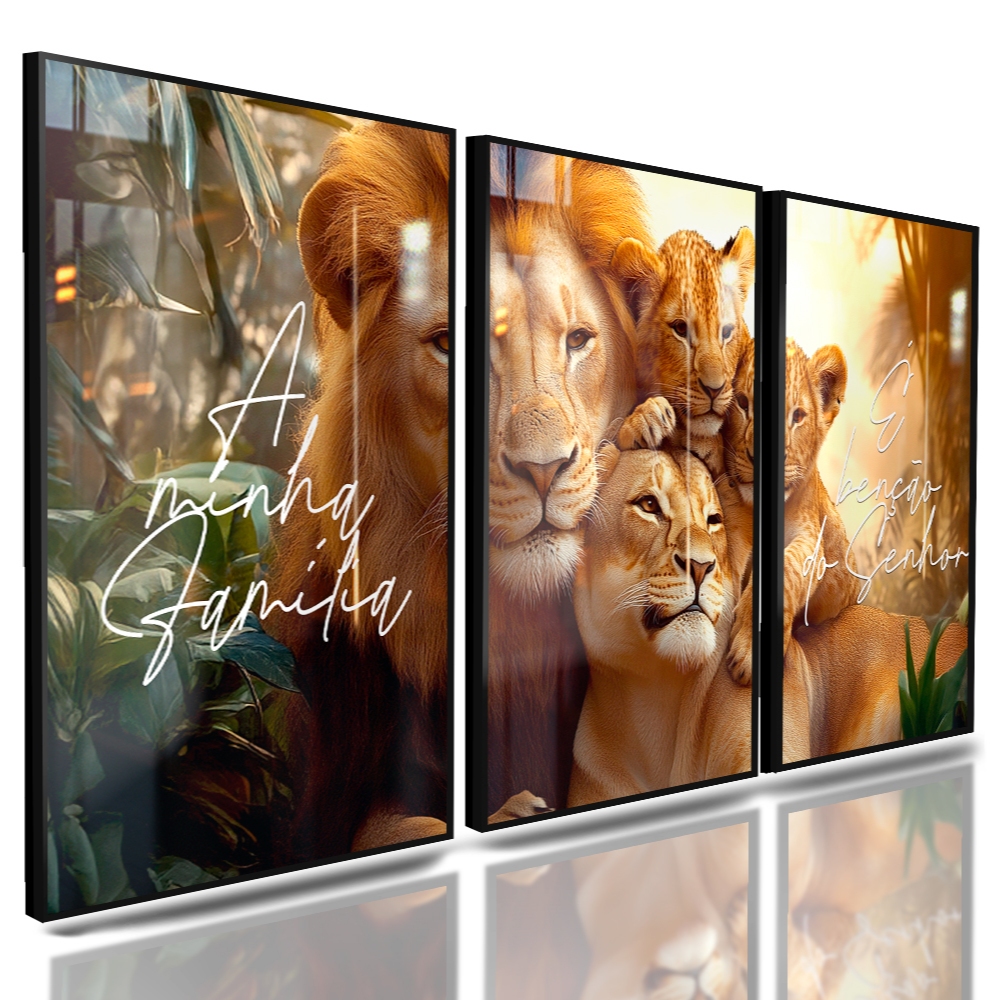 Quadro Leao Leoa Filhote Decorativo Sala Familia Benção Hall 122x60 3 Peças em Oferta na Shopee