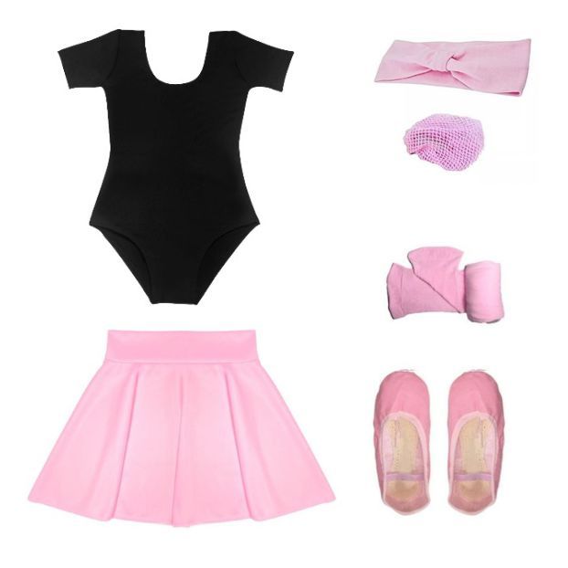 Kit Completo 6 Itens Collant Meia Manga Preto Saia de Cós e Acessórios Rosa