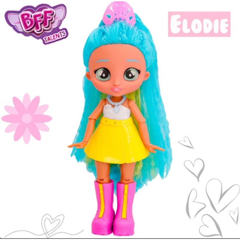 Boneca BFF Cry Babies, boneca fashion colecionável com cabelo comprido azul , roupa e acessórios, Boneca Elodie