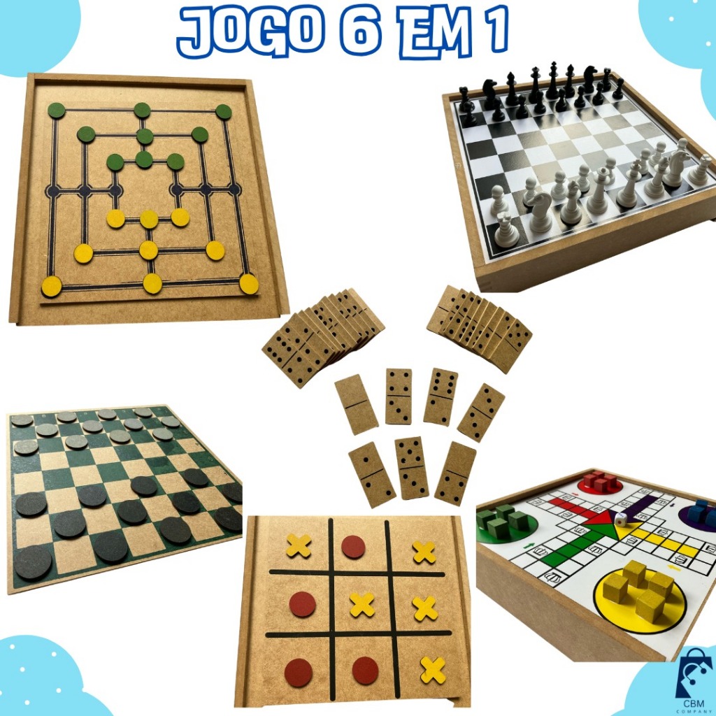 Jogo De Tabuleiro 6 Em 1, Dama, Ludo, Xadrez, Trilha, Dominó, Jogo da Velha