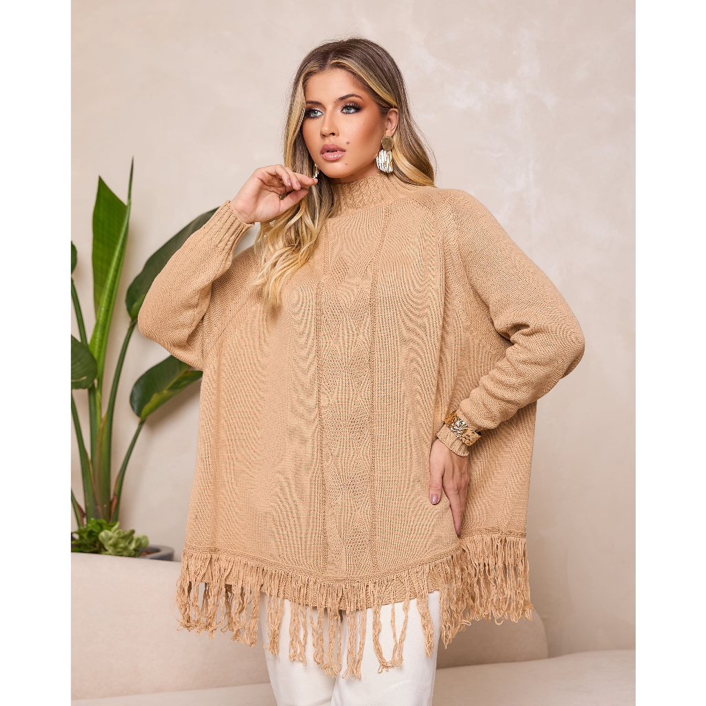Blusa Tricot Feminina de Frio Gola Alta com Franjas | Suéter Inverno Elegante Estilo Poncho
