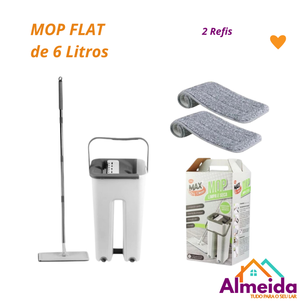 Rodo Mop Flat Limpa e Seca Cabo Com Balde 6 litros + 1 Refil em Oferta na Shopee
