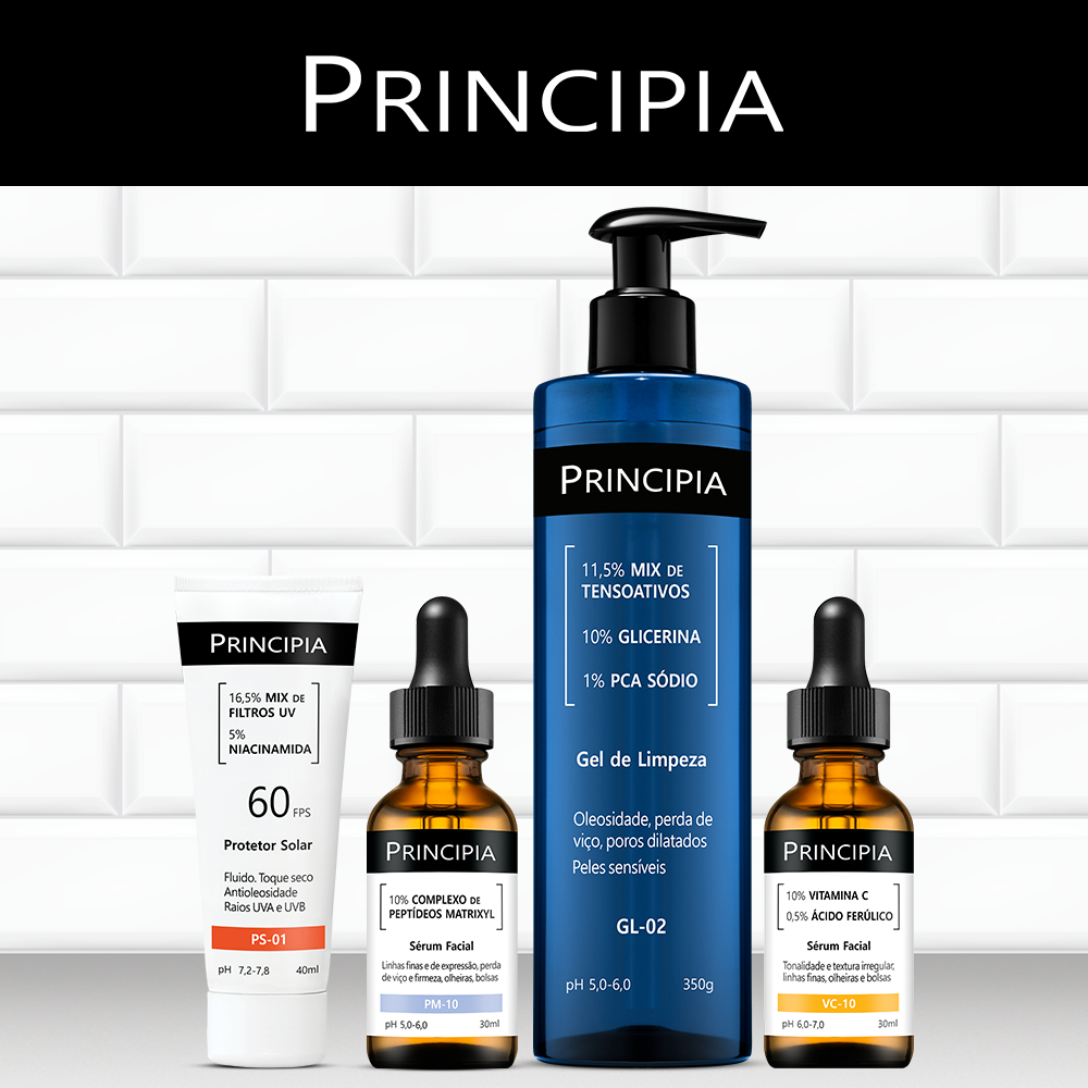 Principia Kit Avançado: Gel de limpeza, Sérum Vitamina C-10, Sérum Peptídeos Matrixyl, Protetor solar facial
