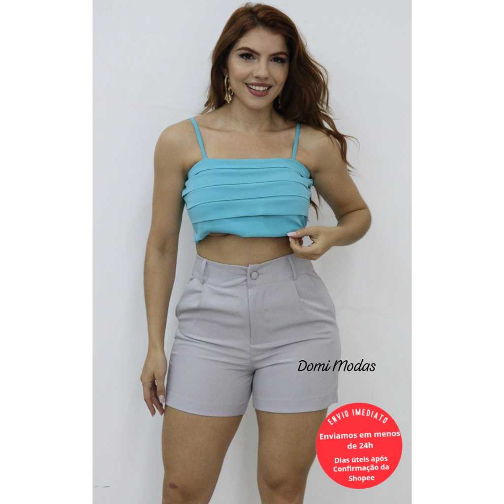 Domi Modas Shorts Feminino Tecido Luis Twill Cintura Alta Bolsos Laterais Elegante LT133 em Oferta na Shopee