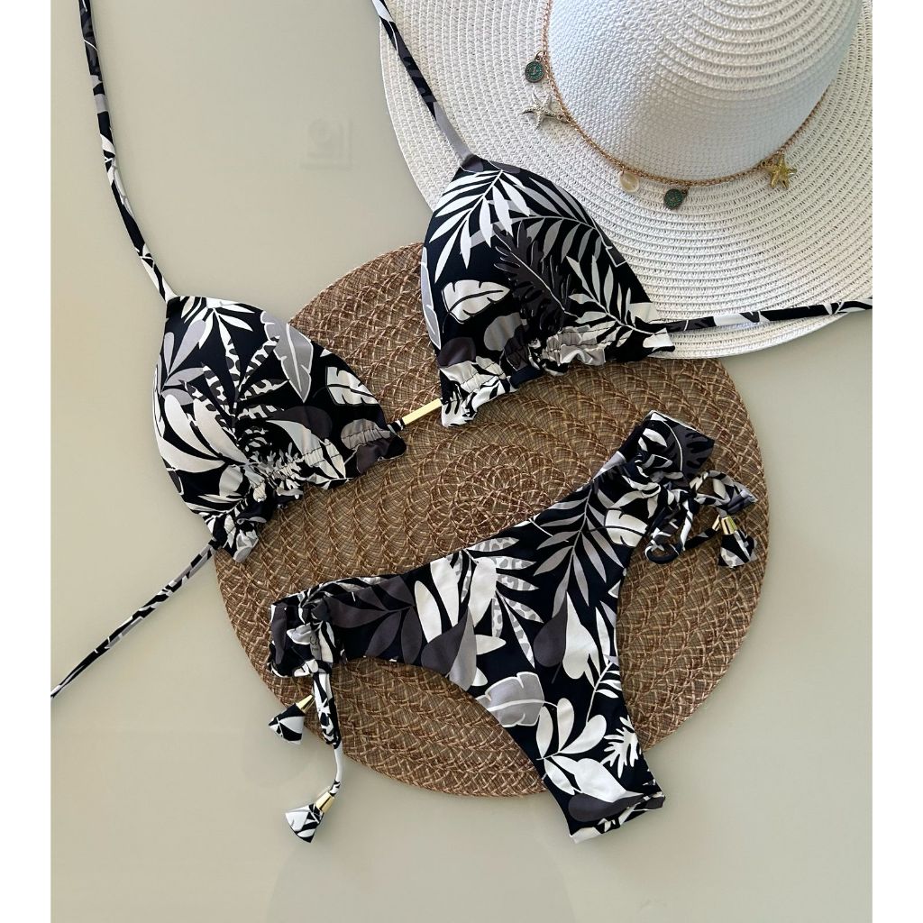 Biquíni Cortininha Estampado Tropical – Calcinha de Amarrar Fio Duplo em Oferta na Shopee