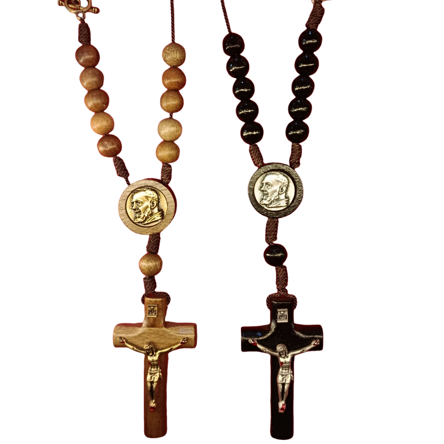 Dezena para Carro São Padre Pio 10mm com Fecho – Madeira Preta ou Imbuia Religiosa