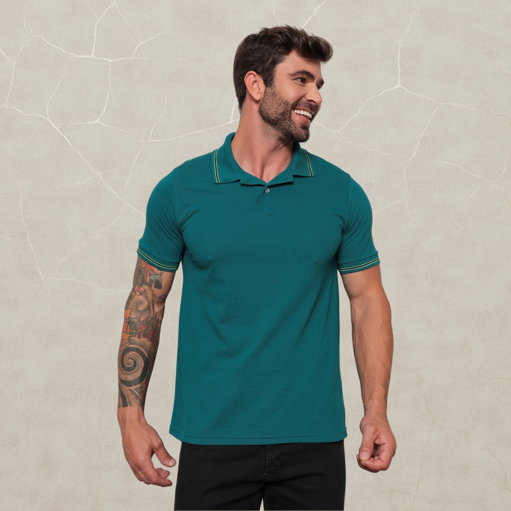 Camisa Polo Masculina Piquet Duplo Manga Curta Uniforme Lisa Gola com Botão Camiseta 100% Algodão 2 em Oferta na Shopee