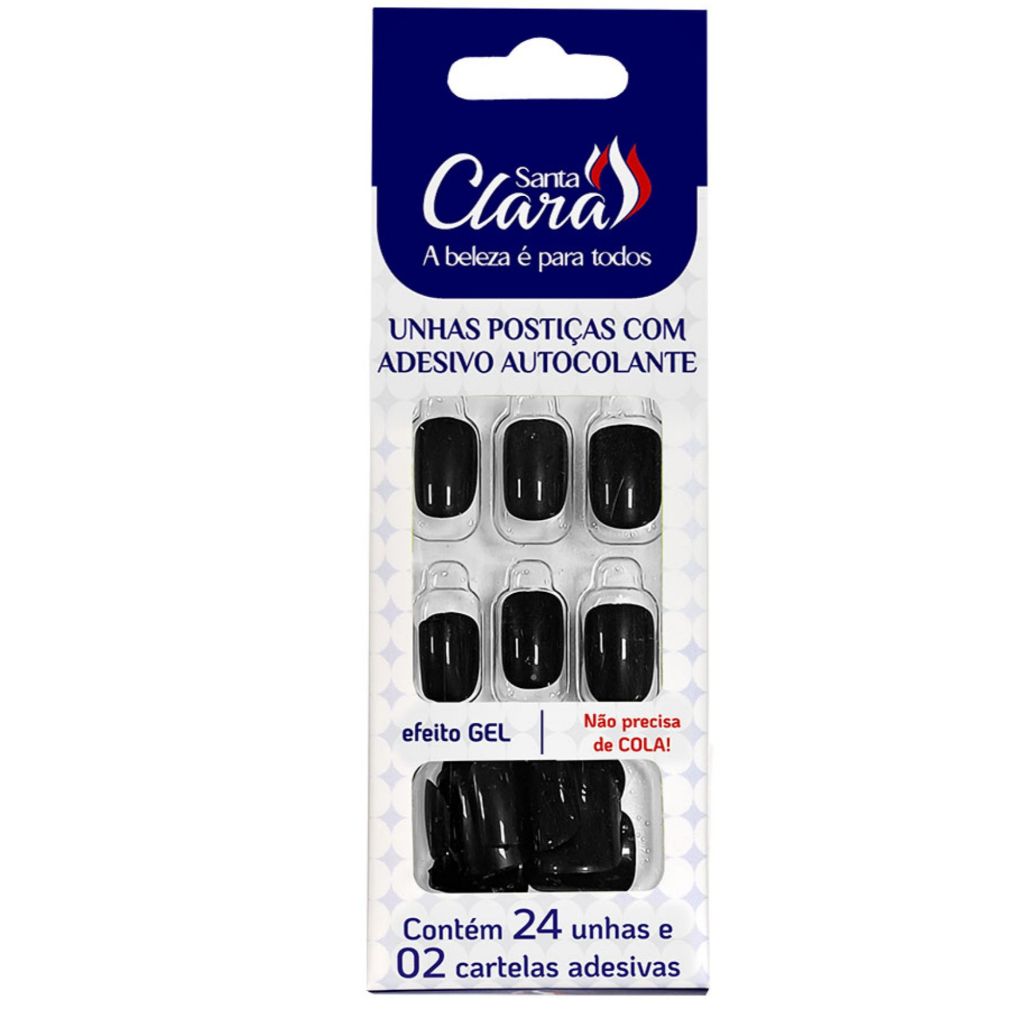 Unhas Postiças Autocolantes Efeito Gel 24 Unidades Preta - Santa Clara
