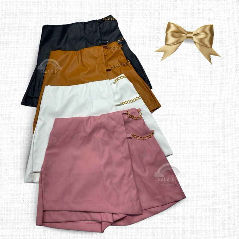 Shorts Saia de Couro Infantil Feminino Outono Inverno Lançamento Kids Mini Diva Couro Eco Menina Blogueirinha Inverno 25