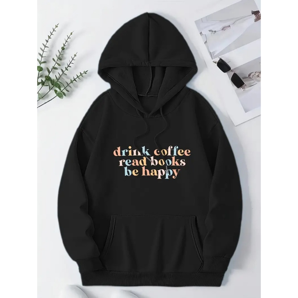 Moletom Unisex Casual de Poliéster com Impressão de Letra "Beba Café, Leia Livros, Seja Feliz" - Suéter de Malha de Outo