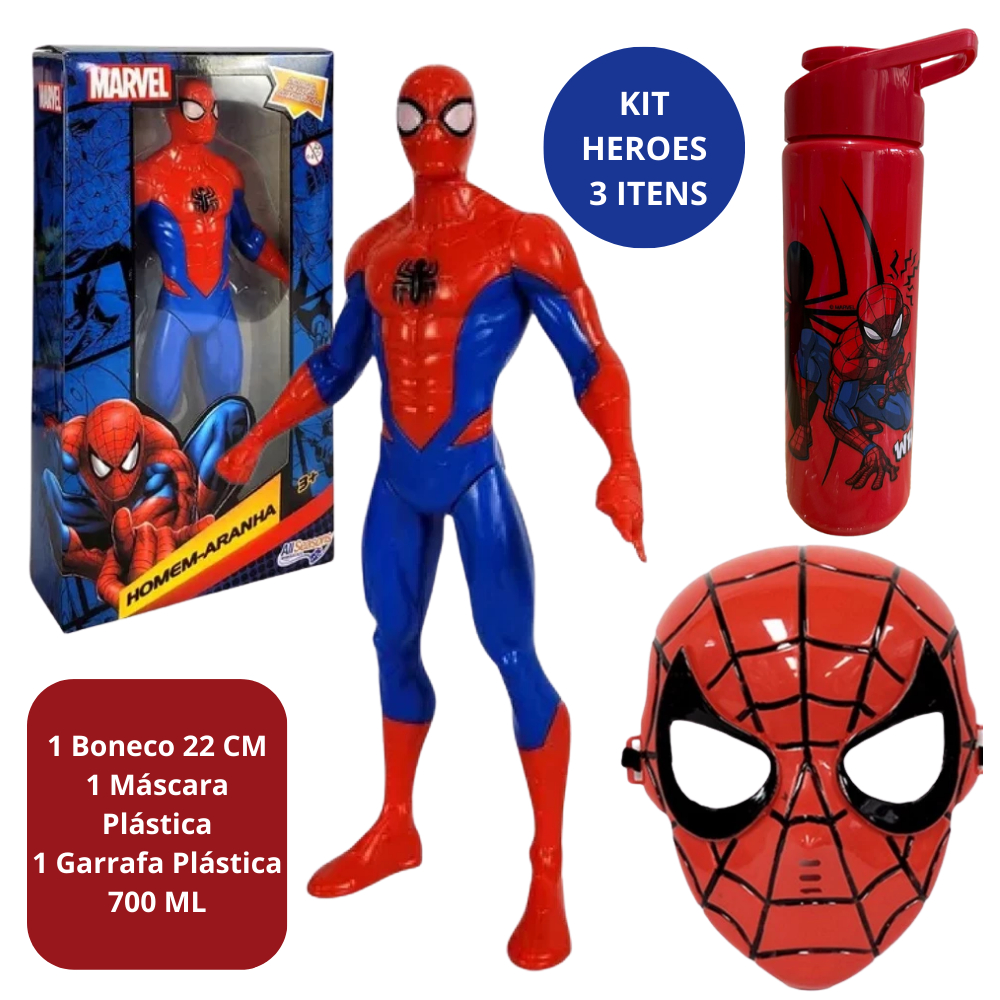 Kit Brinquedo Boneco Homem Aranha Heroes Máscara Garrafa 700ML Presente Dia das Crianças Anivérsario