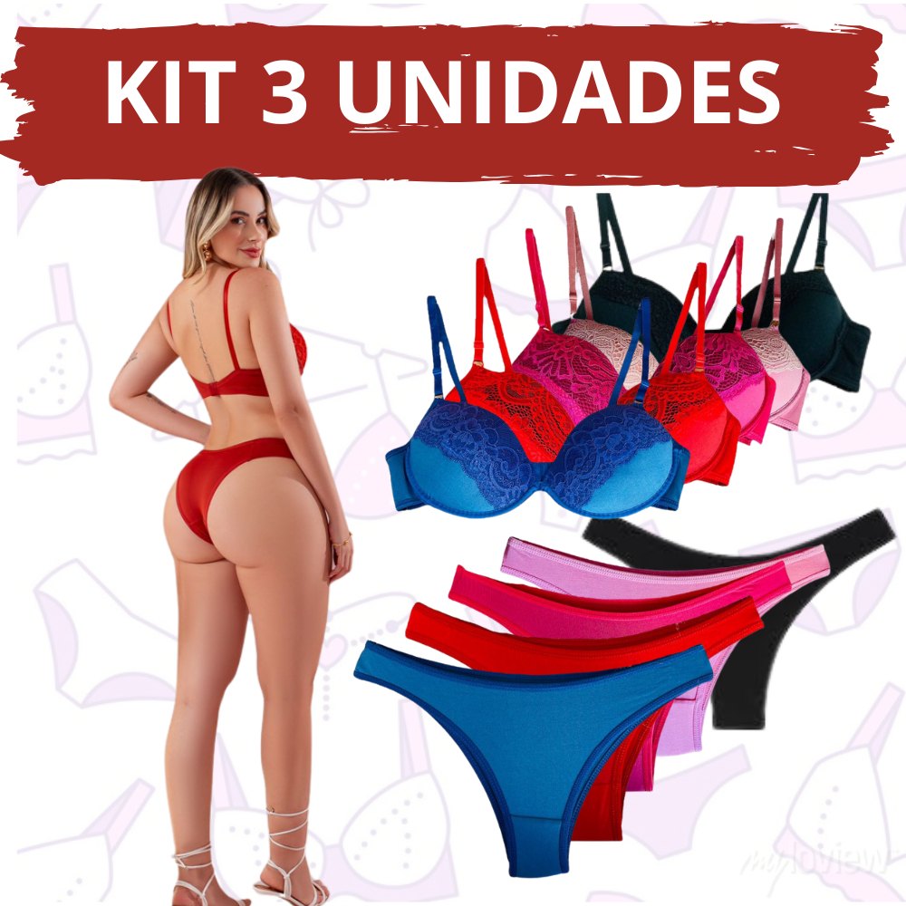 Kit com 3 conjuntos de lingerie calcinha e sutiã Em promoção