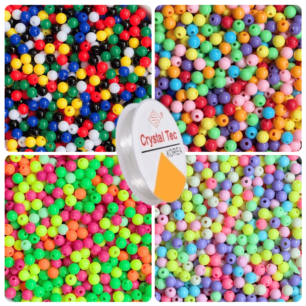 Kit Miçangas 1000 Bola Lisa Leitosa 6mm coloridas + 10m Fio de Silicone Bolinhas Pulseira infantil