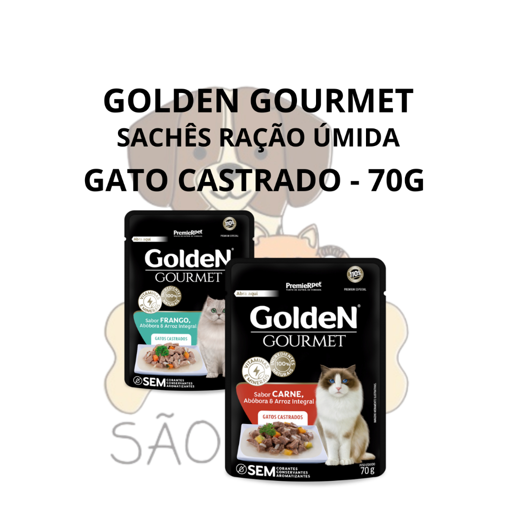 10/15/20 Unidades Sachê Golden Gourmet Gato Castrado 70G - Sabor Frango/Carne
